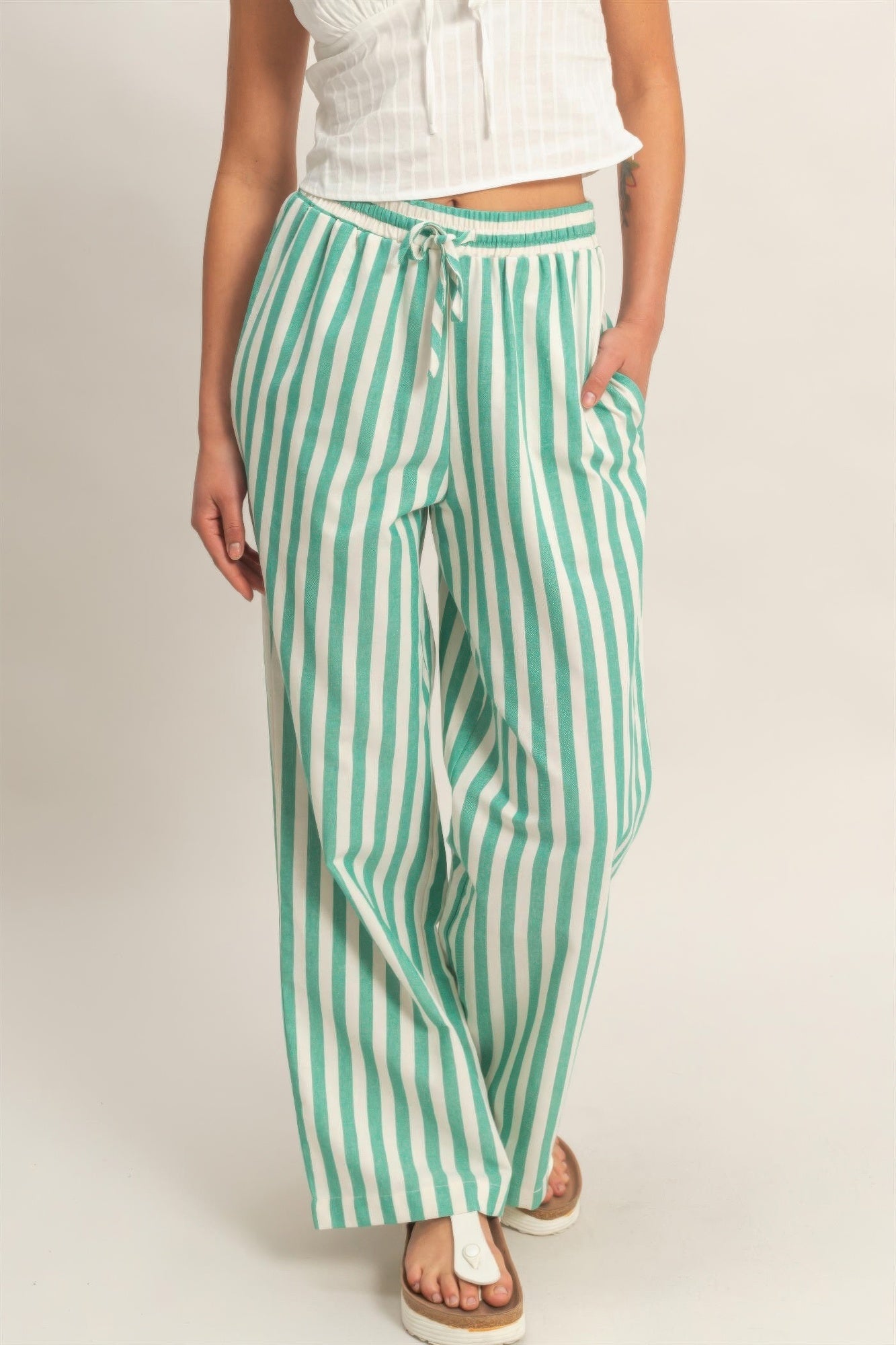 Vertical Striped Elastic Pants With Side Pockets