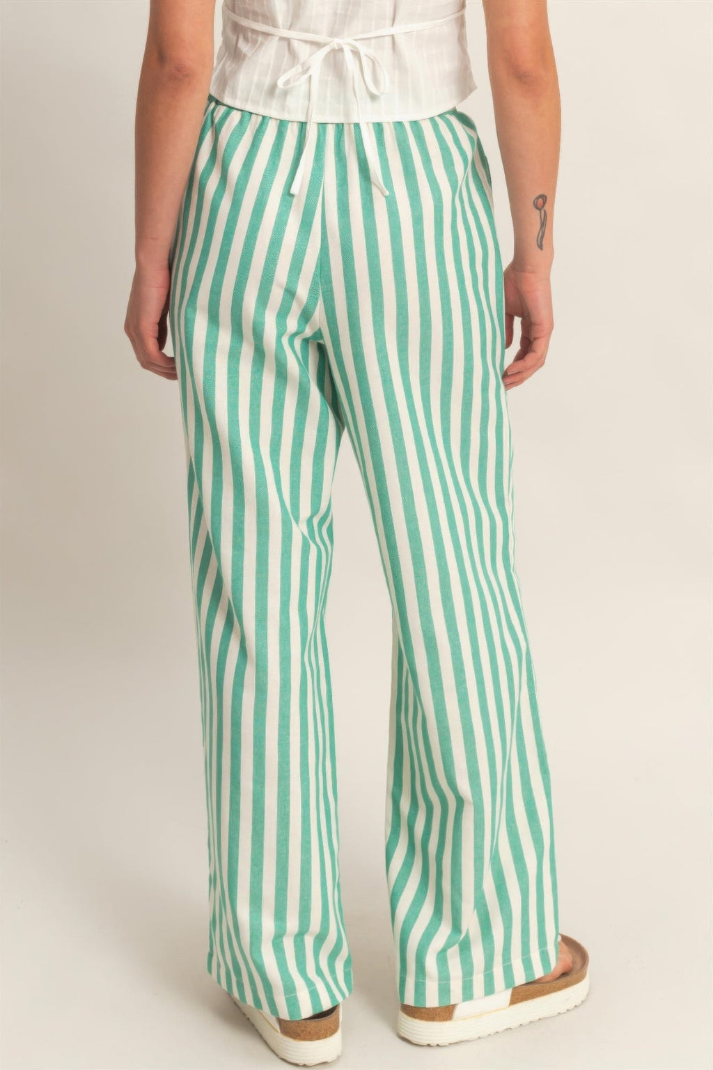 Vertical Striped Elastic Pants With Side Pockets