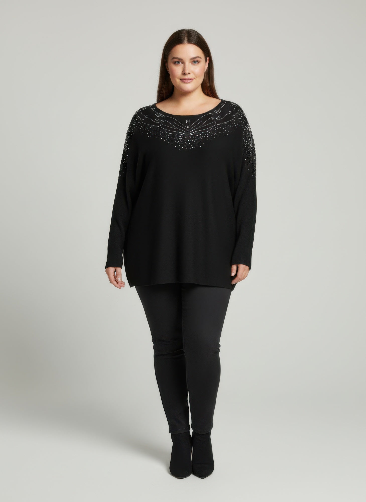 Scarlet Embellished Neckline Dolman Sleeve Tunic Top