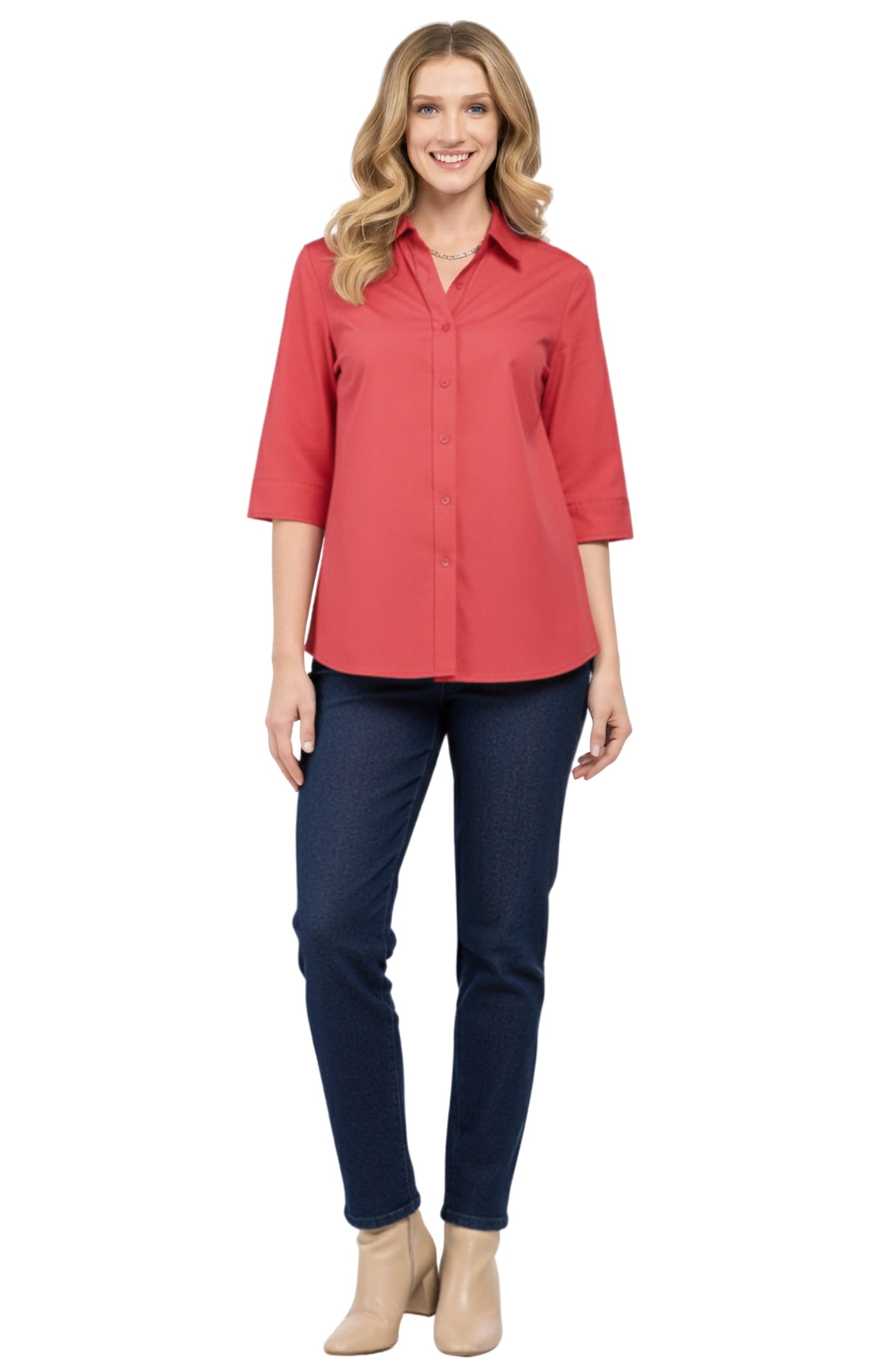 Women's 3/4 Sleeve Button-Down Camp Shirt — Collared Regular Fit