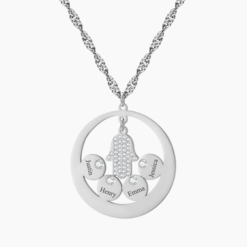 Round Family Name Necklace Hamsa Hand Stainless Steel Necklace Zircon Evil Eye Fatma's Hand