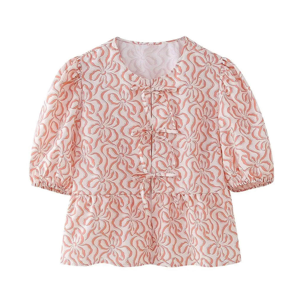 Leopard Blouse Puff Sleeve Crop Top Women's Summer Clothing