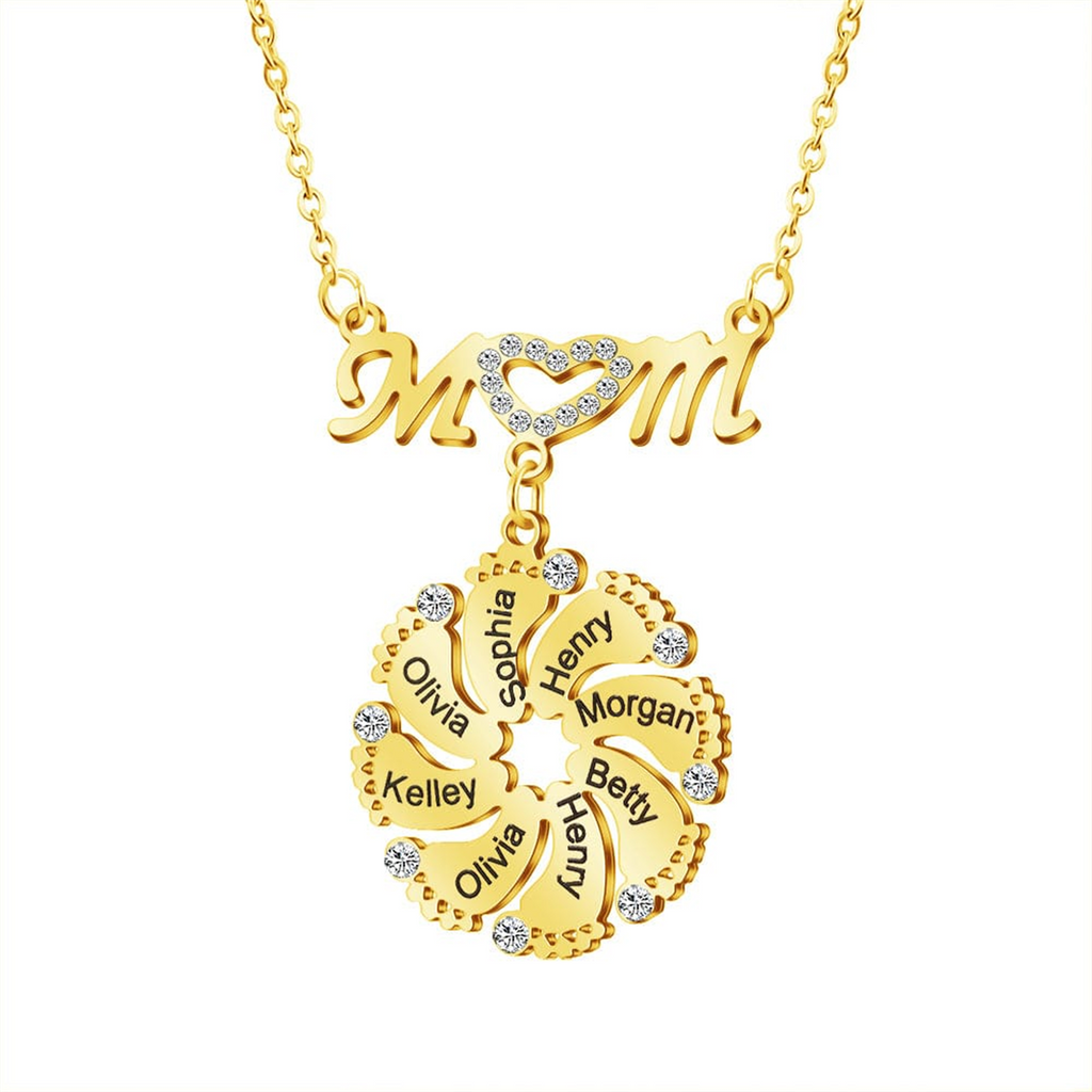 Personalized Diamond Mom Necklace With Crystal Baby Feet Engraved Names Pendant