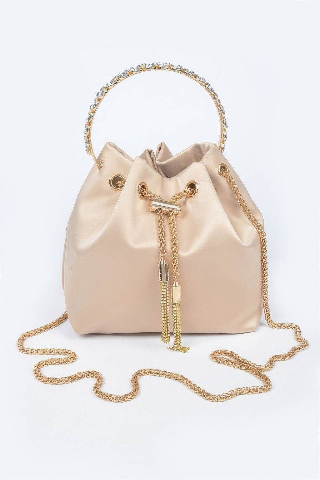Rhinestone Top Handle Satin Bucket Bag