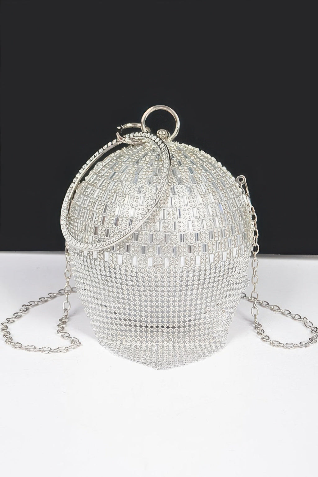 Rhinestone Glass Silver Tone Round Ball Clutch Handbag