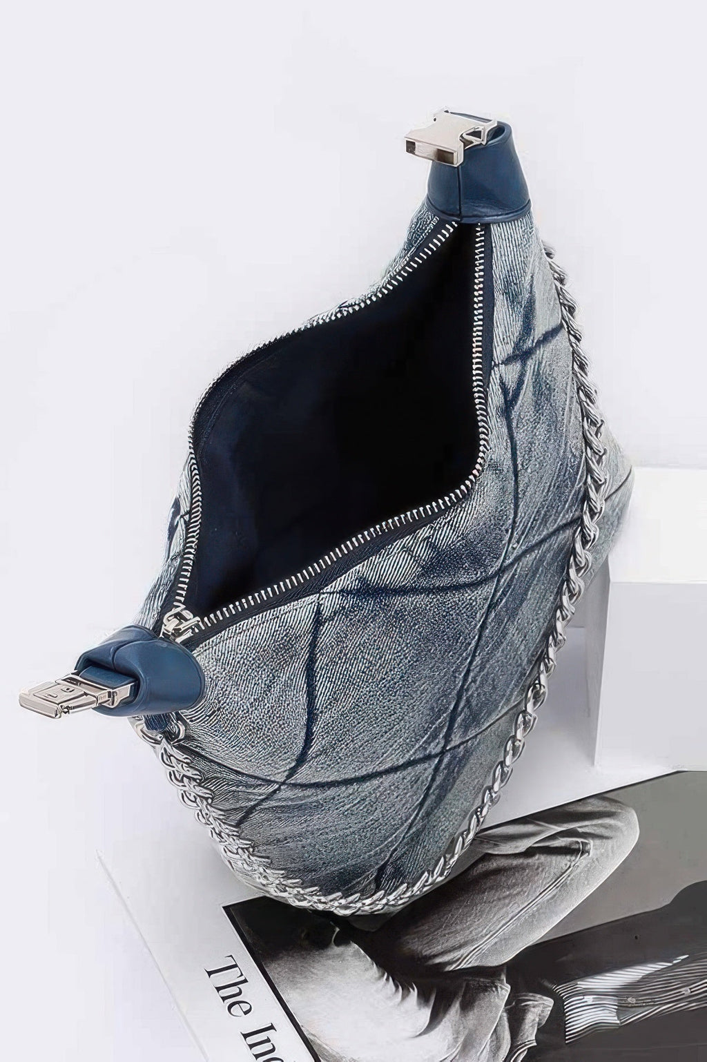 Quilted Washed Denim Shoulder Chain Crossbody Bag