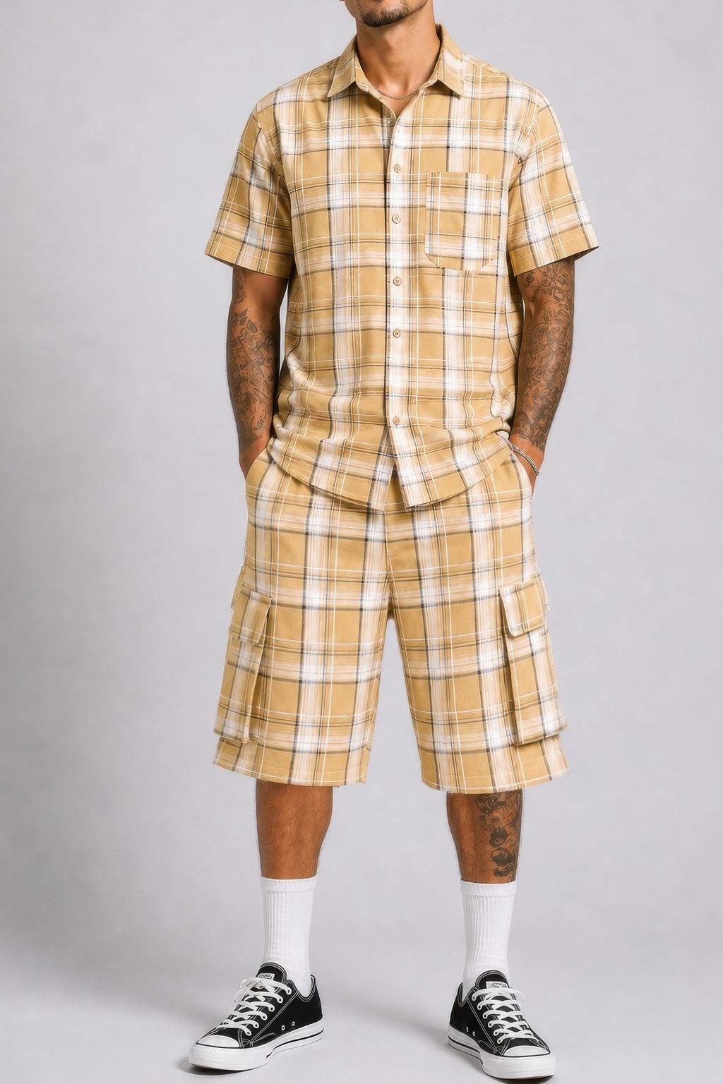 Men's Checkered Shirt And Cargo Shorts Set