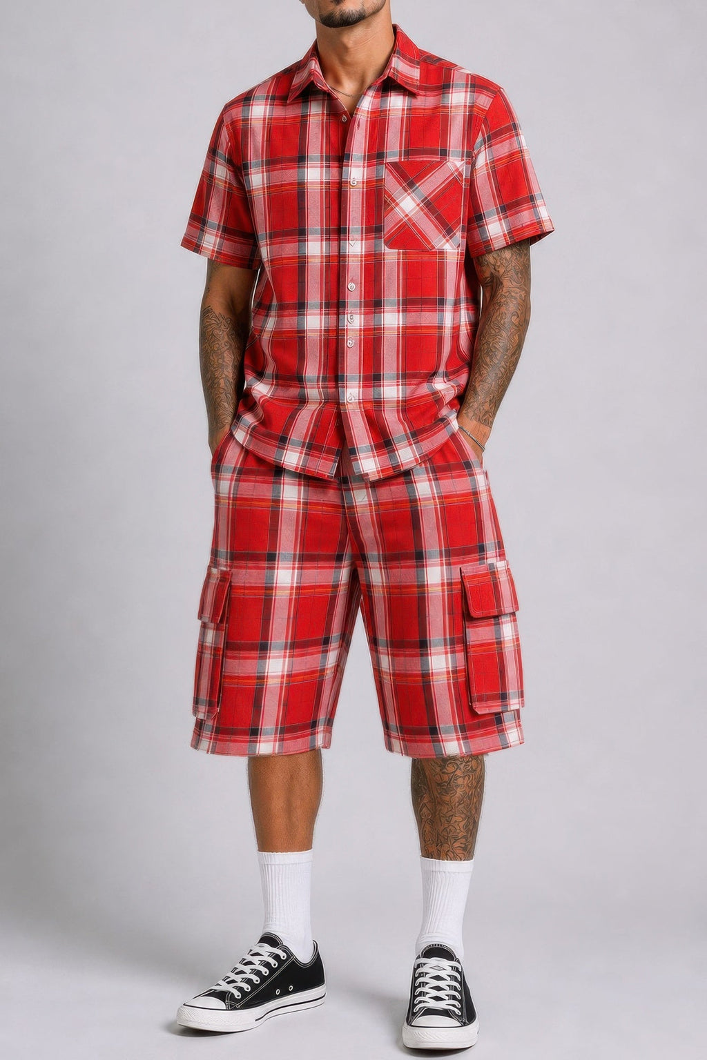 Men's Checkered Shirt And Cargo Shorts Set