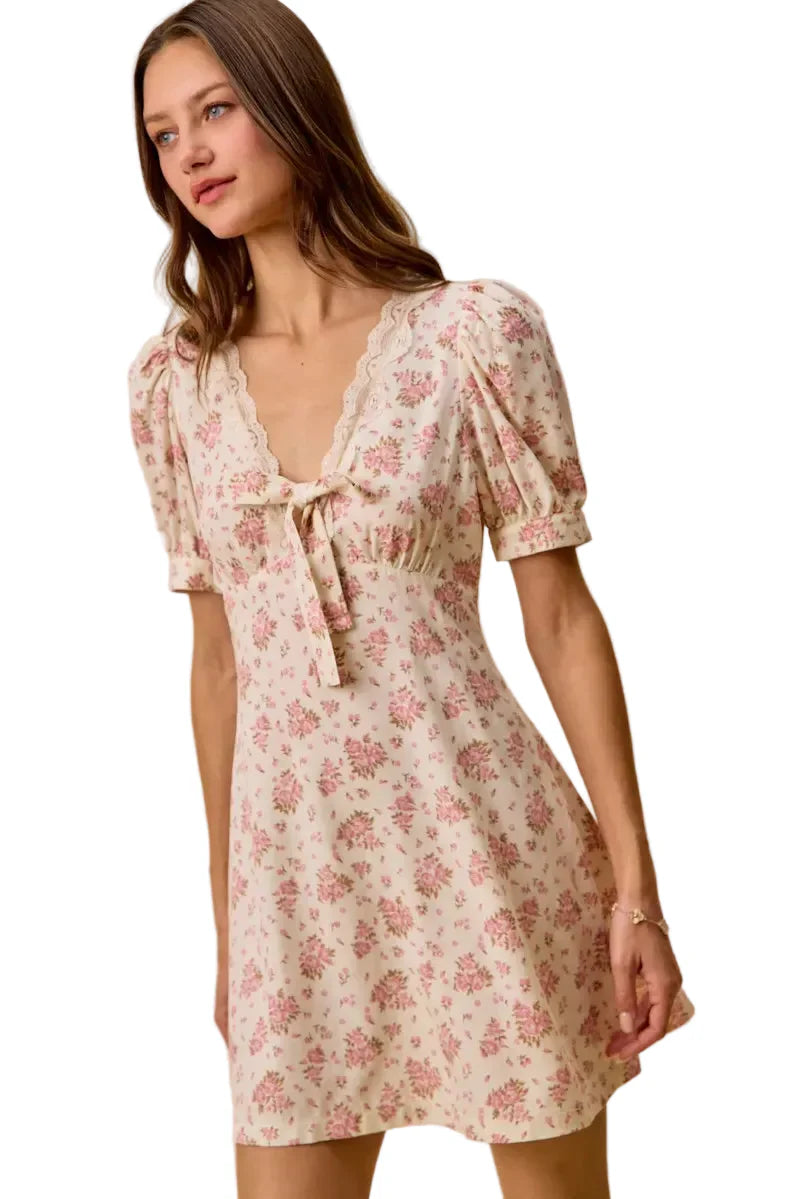 Cream Color Floral Lace Trim Short Sleeves Mini Dress