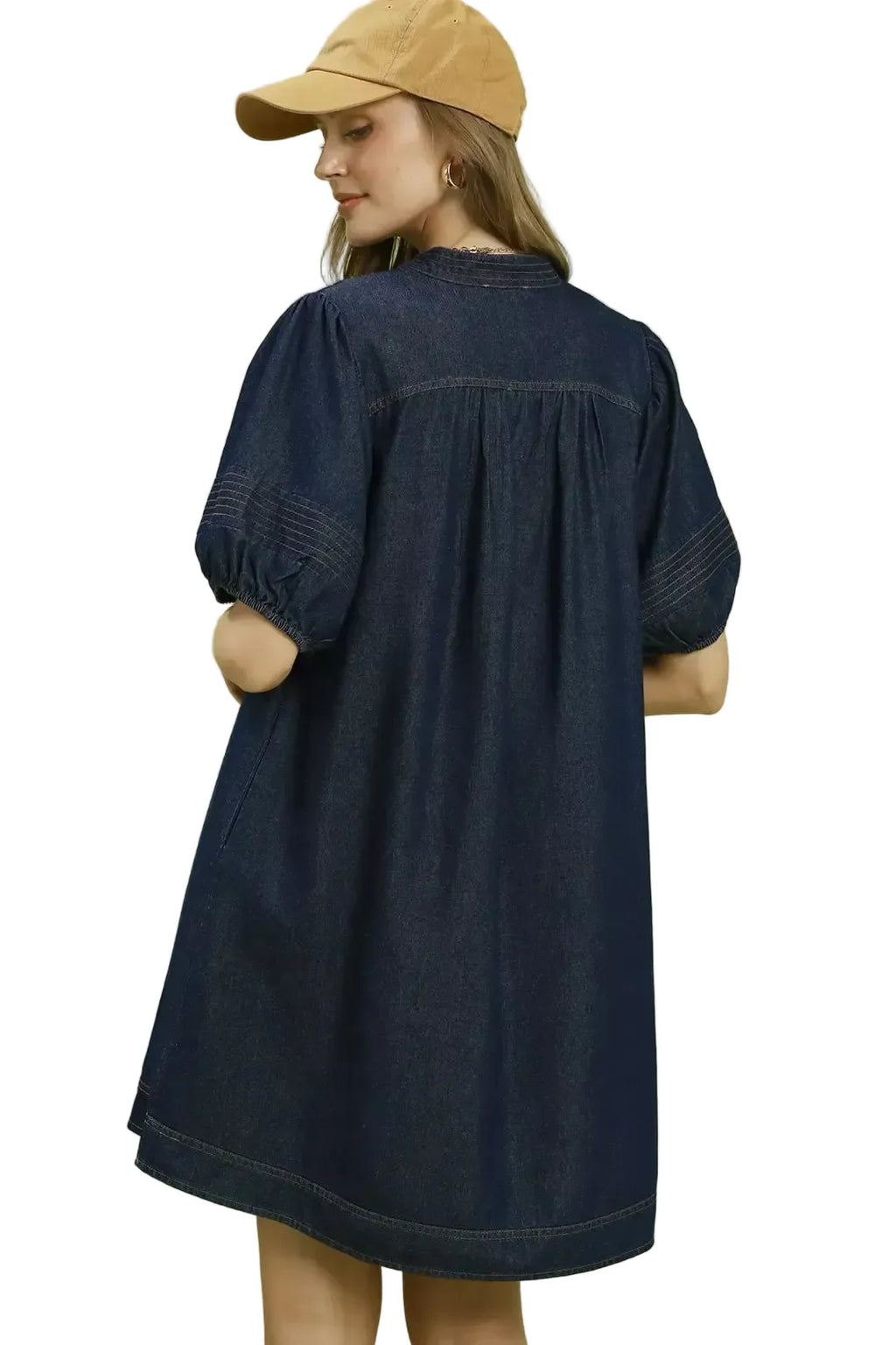 Puff Sleeve Blue Mini Dress with Pockets