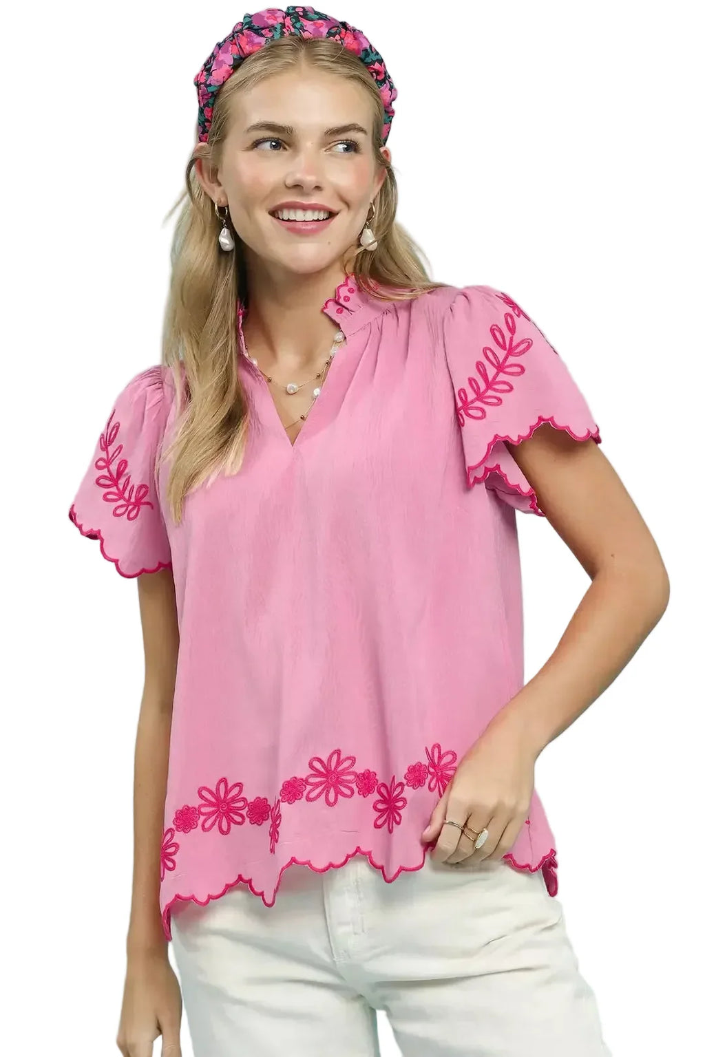 Pink Floral Embroidered Scallop Hem Top