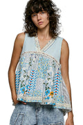 POL Light Blue Floral V-Neck Sheer Tank with Lace Trim
