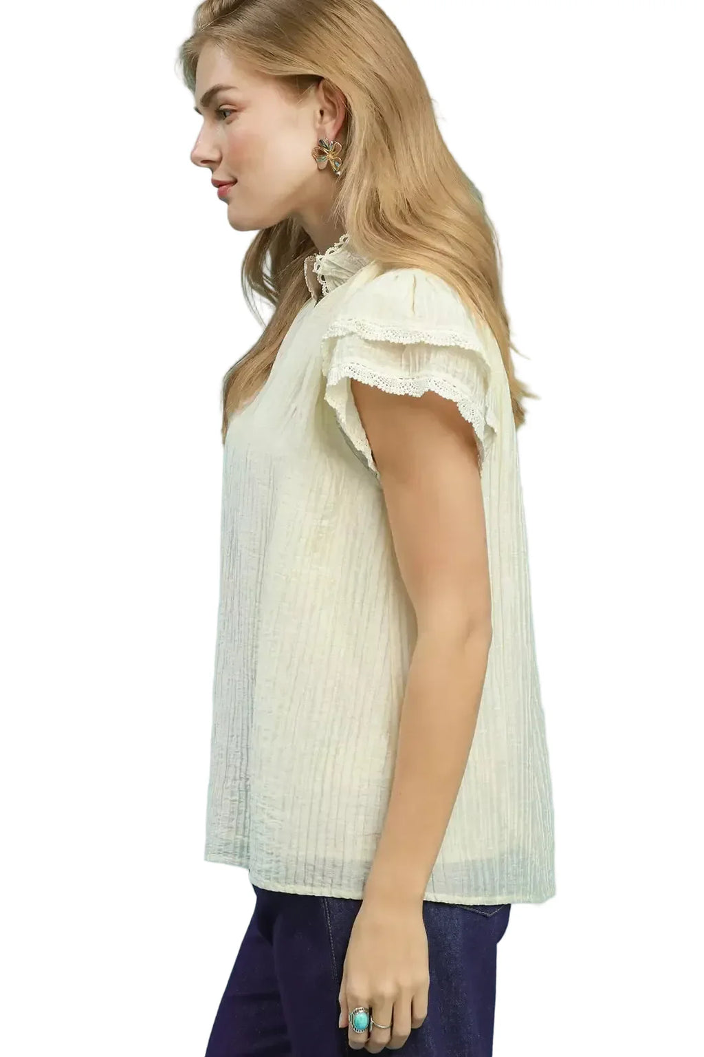 Lace Trim Cream Color Ruffle Top