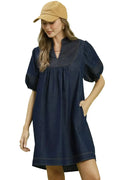 Puff Sleeve Blue Mini Dress with Pockets