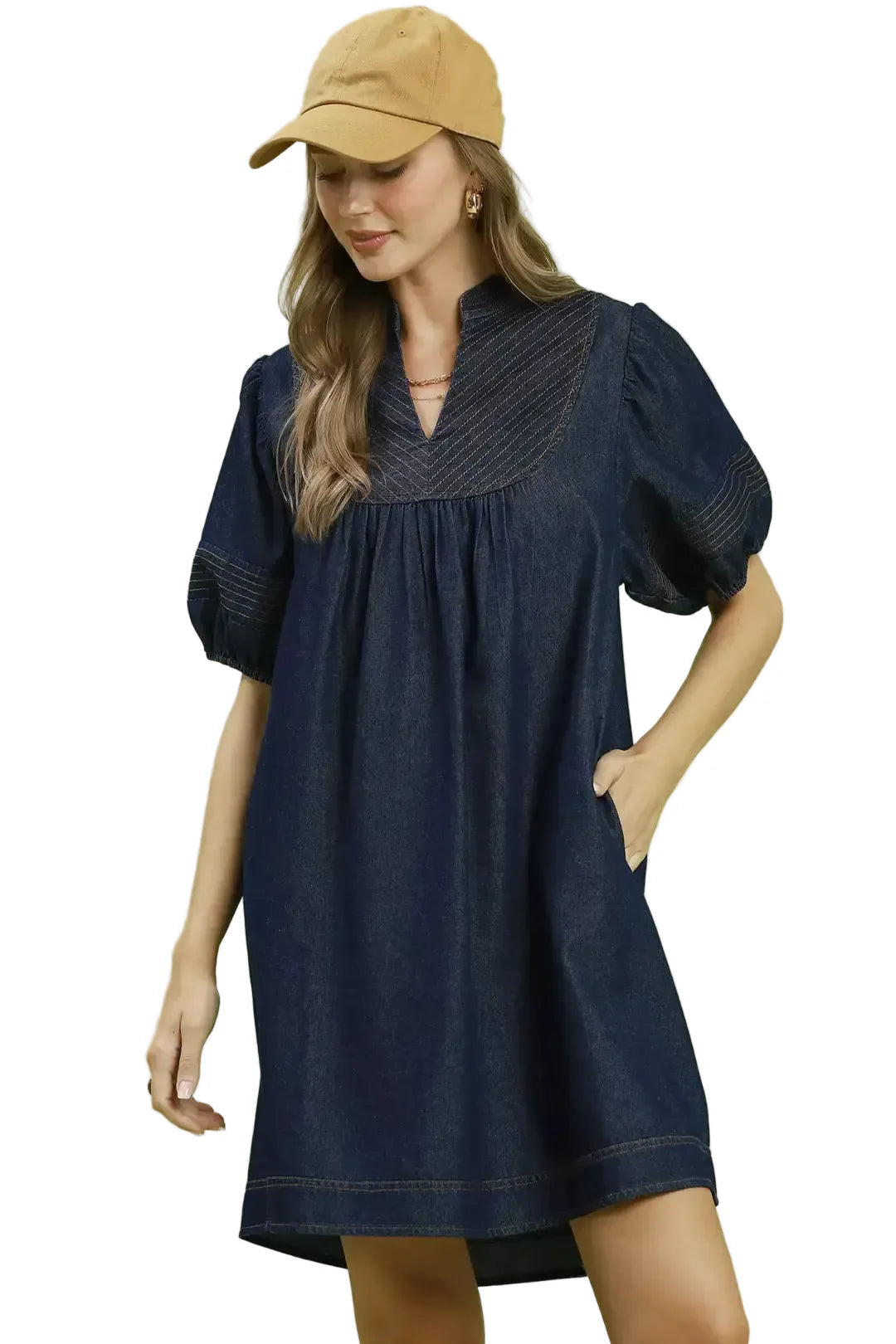 Puff Sleeve Blue Mini Dress with Pockets