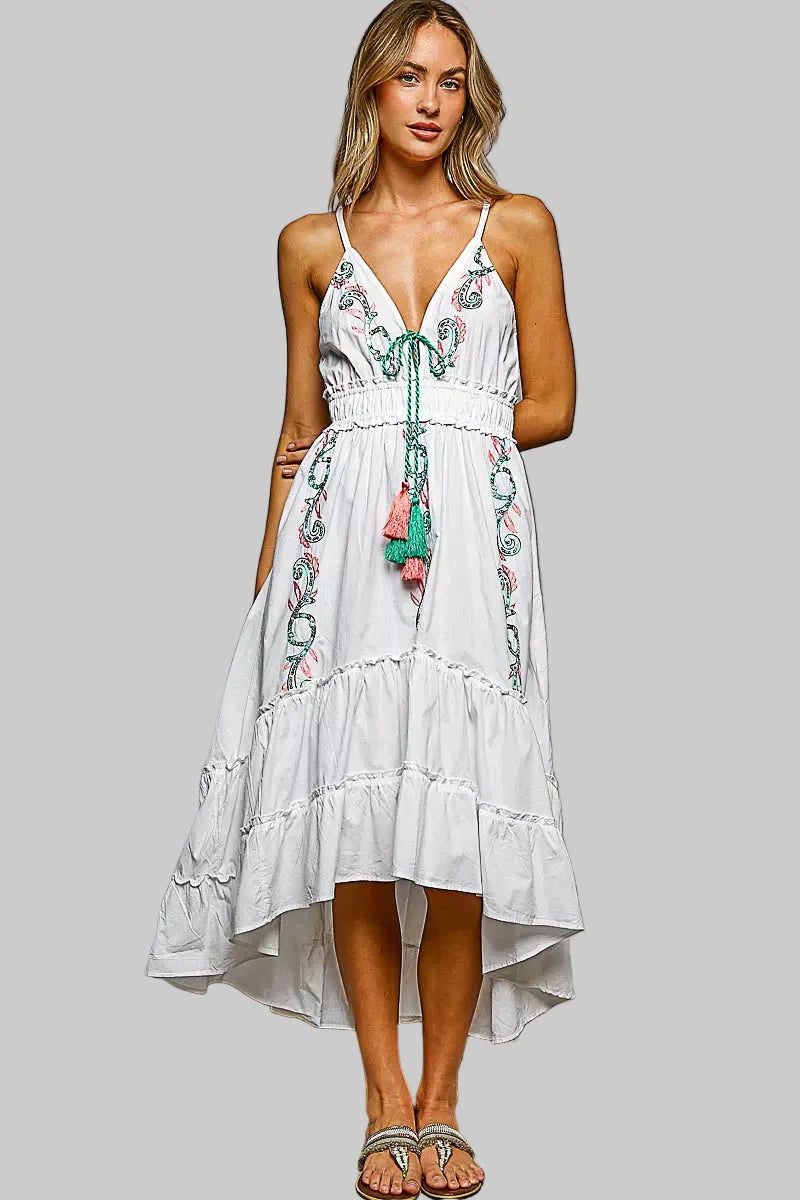 Embroidered Detail Tassel Tie Smocked Waist Midi Tiered Cami Dress