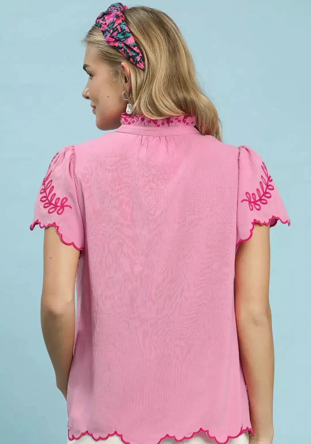Pink Floral Embroidered Scallop Hem Top