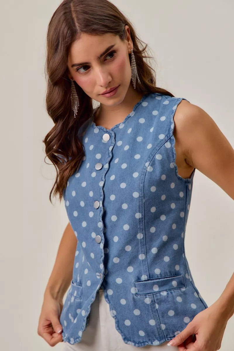Polka Dot Blue Denim Scallop Edge Button Down Vest Top