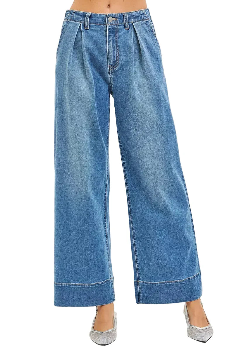 RISEN Slouchy Wide Leg Jeans With Pleats