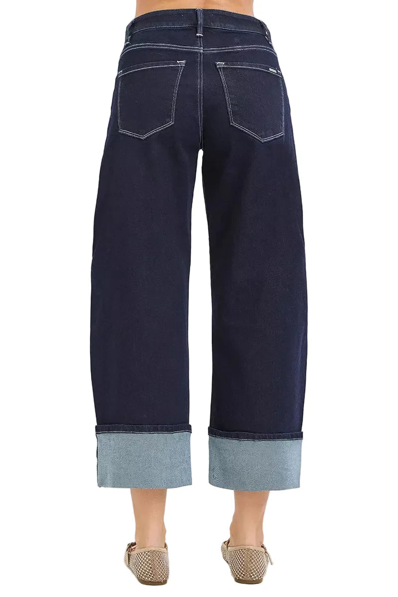 RISEN Slouchy Crop Barrel Cuffed Hem Dark Blue Jeans