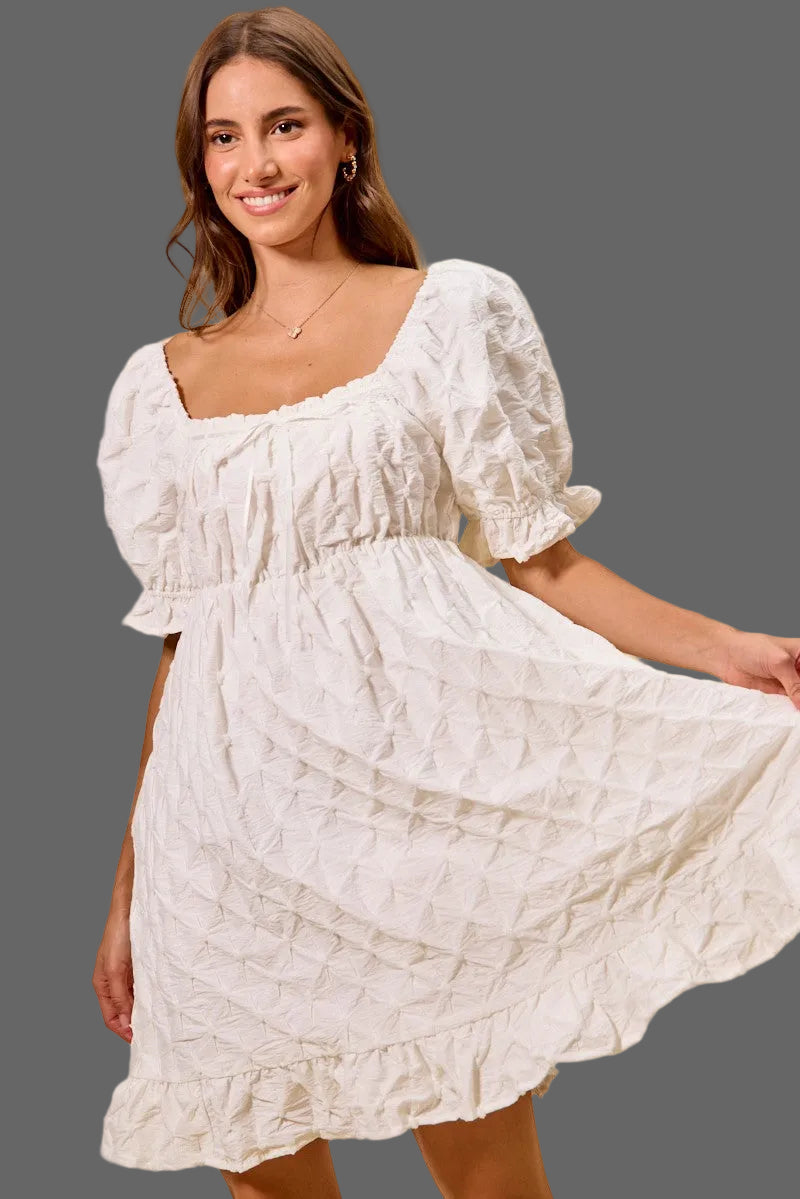 Off White Texture Woven Ruching On Bust Mini Dress