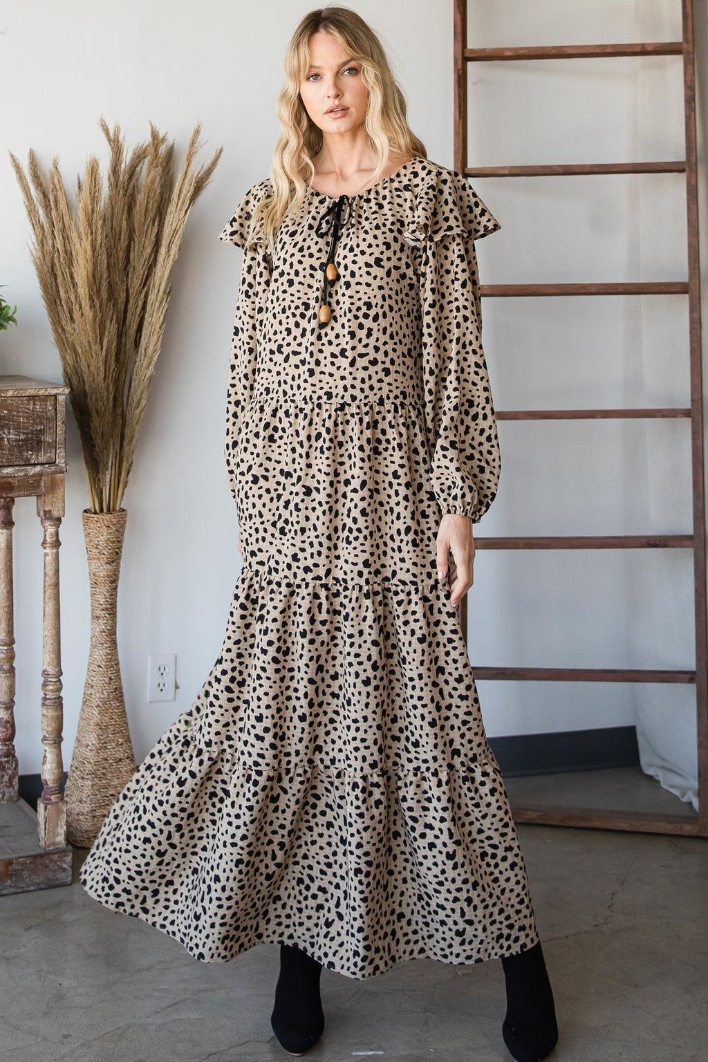 Bohemian Long Sleeve Maxi Dress in Black/Mocha