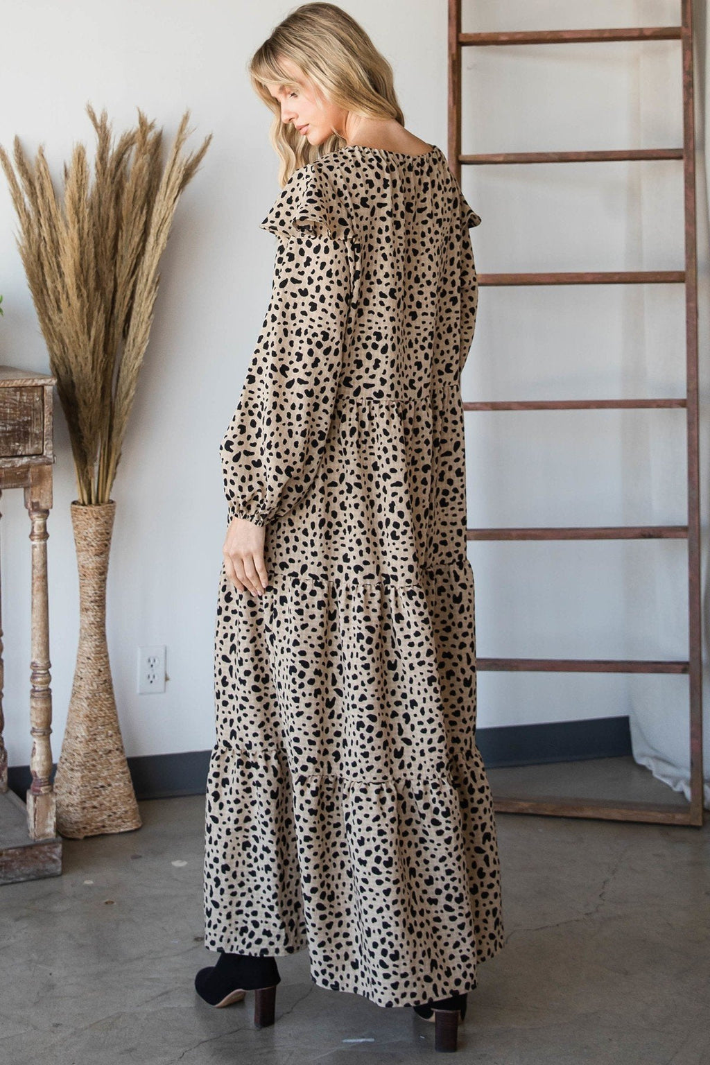 Bohemian Long Sleeve Maxi Dress in Black/Mocha