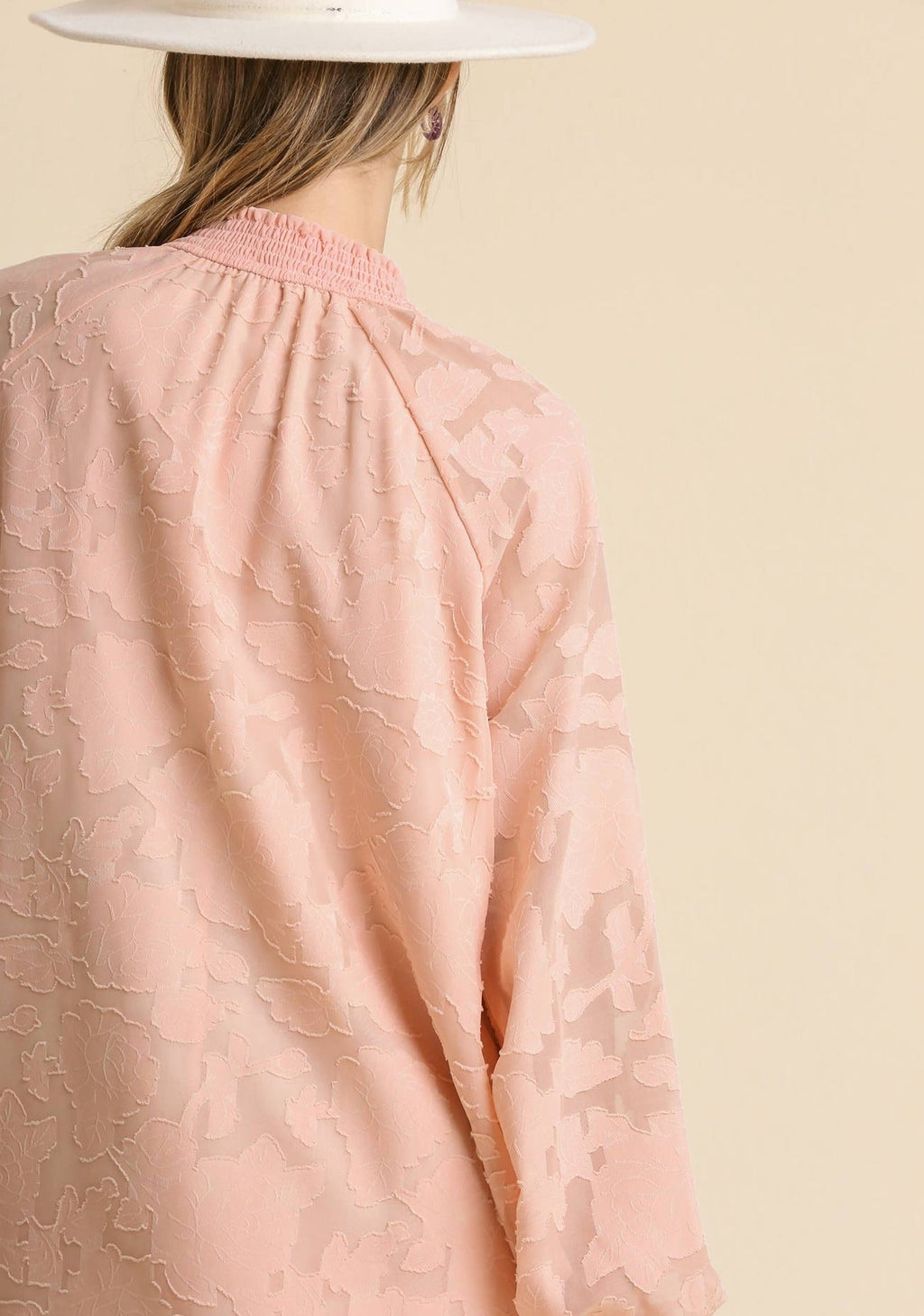 Jacquard Raglan Smocked Tie Neck Yoke Dress, Blush