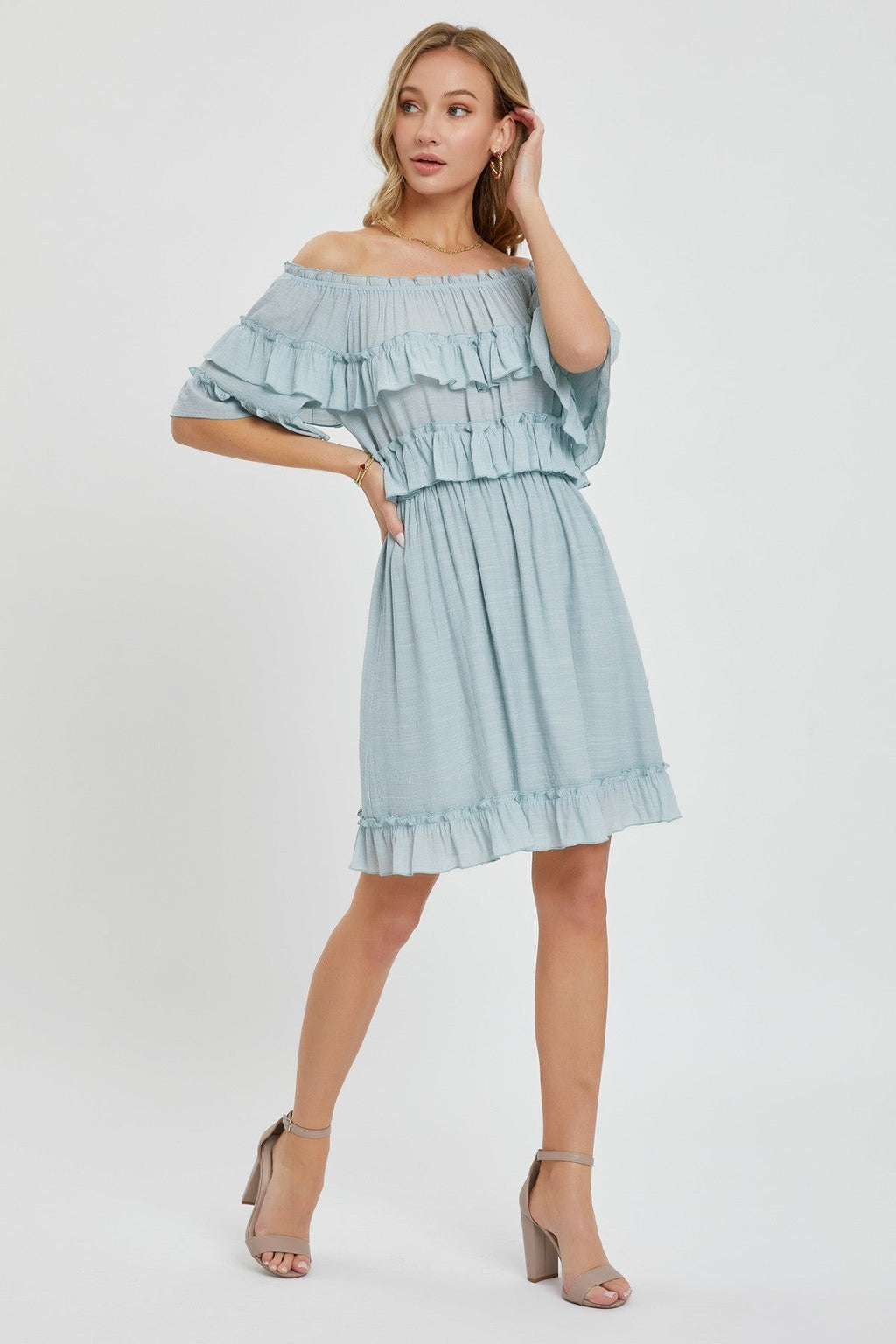 Misty Blue Off Shoulder Ruffle Knee Length Dress