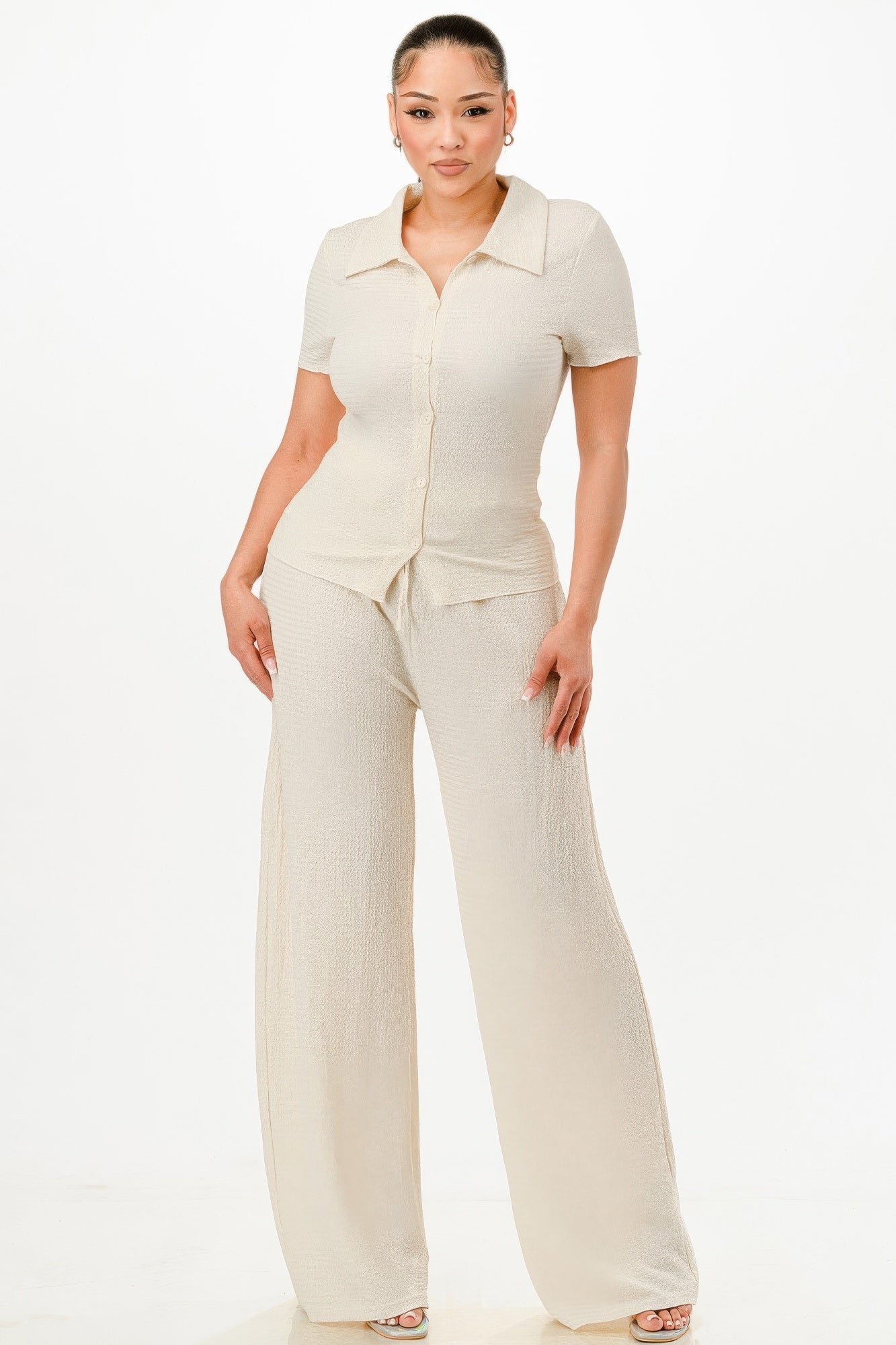Beige Textured Polo Top And Pants Set