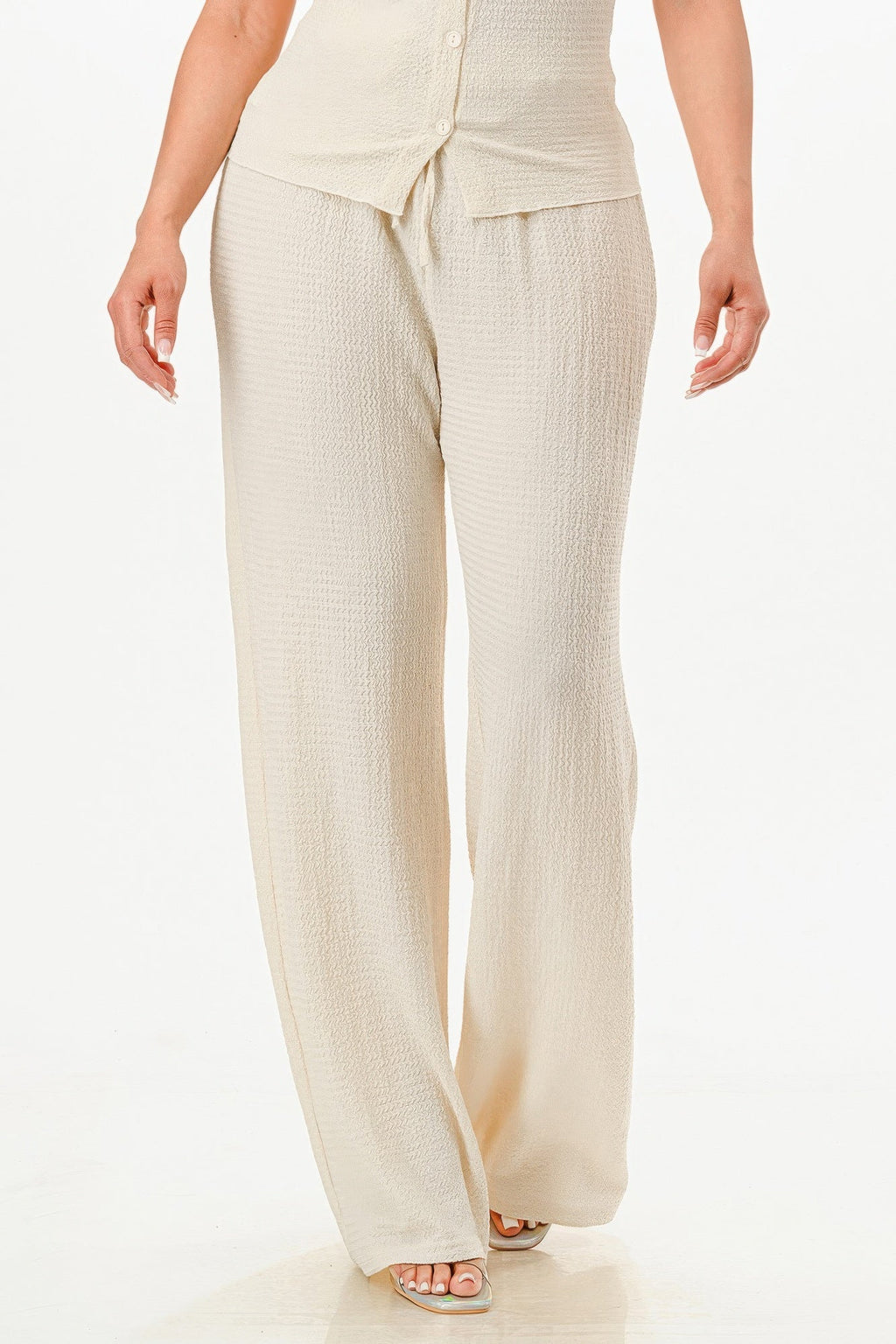 Beige Textured Polo Top And Pants Set
