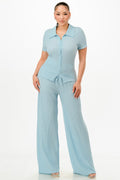 Blue Textured Polo Top And Pants Set