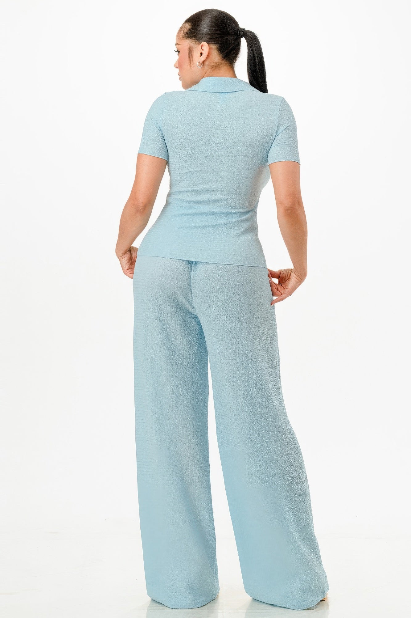 Blue Textured Polo Top And Pants Set