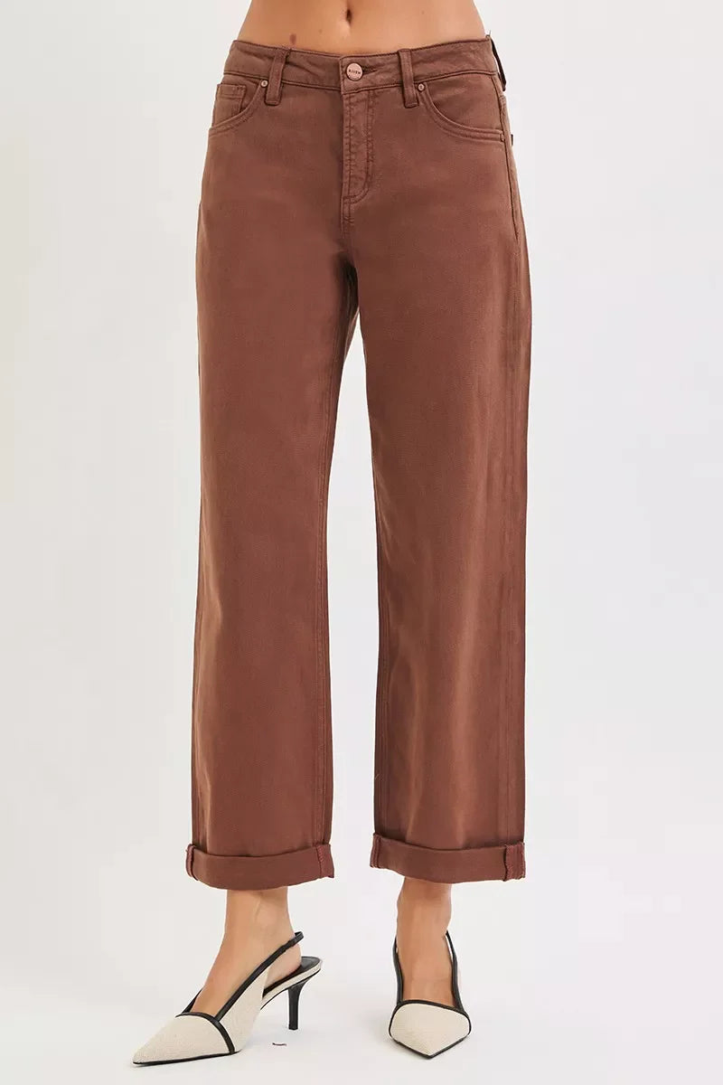 Brown Tummy Control Mid Rise Ankle Barrel Baggy