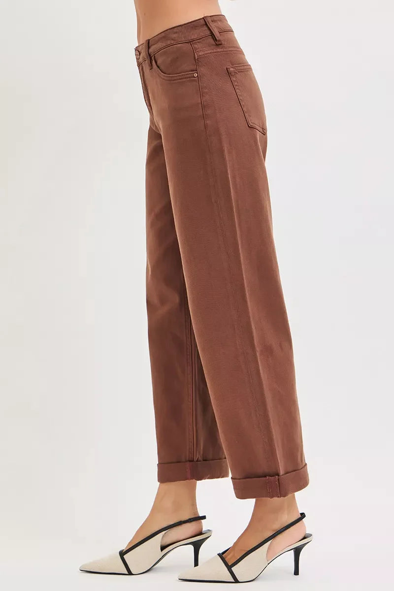 Brown Tummy Control Mid Rise Ankle Barrel Baggy