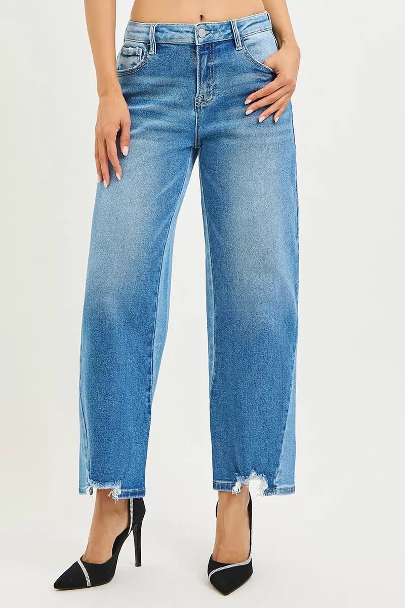 Dark Blue Slouchy Cropped Barrel Jeans with Contrast Wash