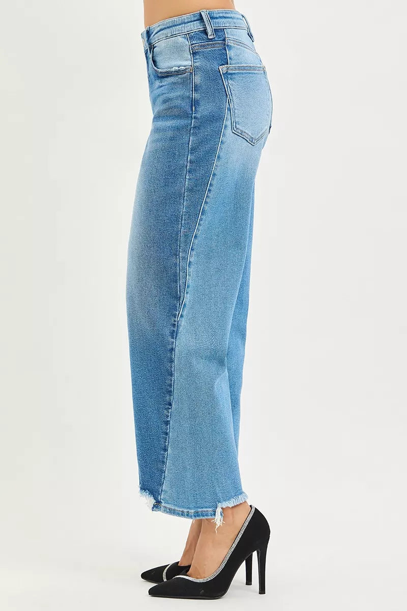 Dark Blue Slouchy Cropped Barrel Jeans with Contrast Wash