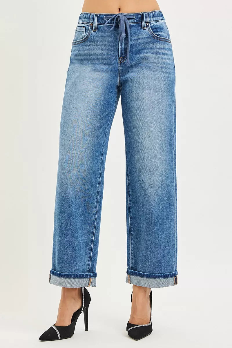 Elastic Band Slouch Ankle Boyfriend Cuffed Hem Blue Jeans