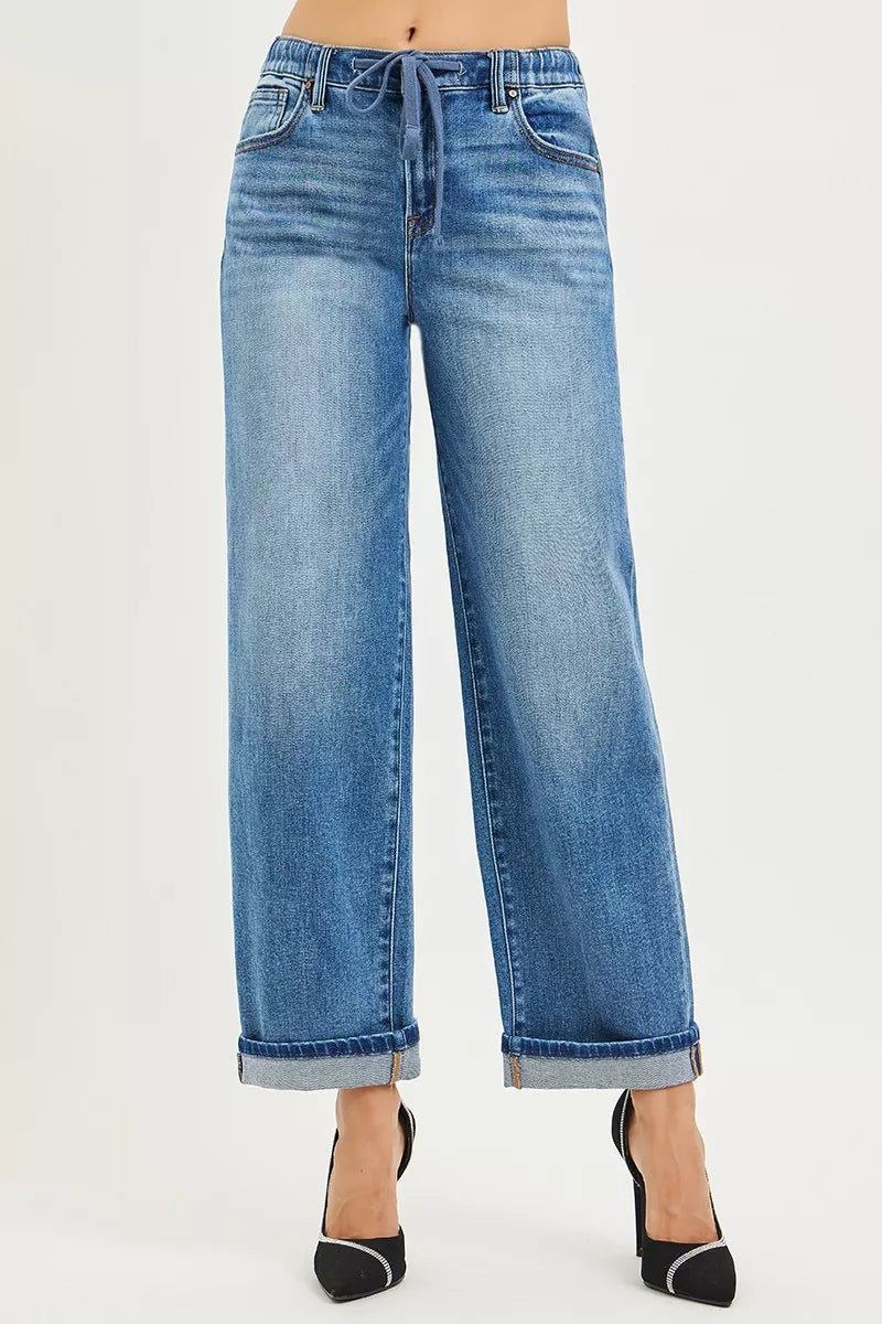 Elastic Band Slouch Ankle Boyfriend Cuffed Hem Blue Jeans