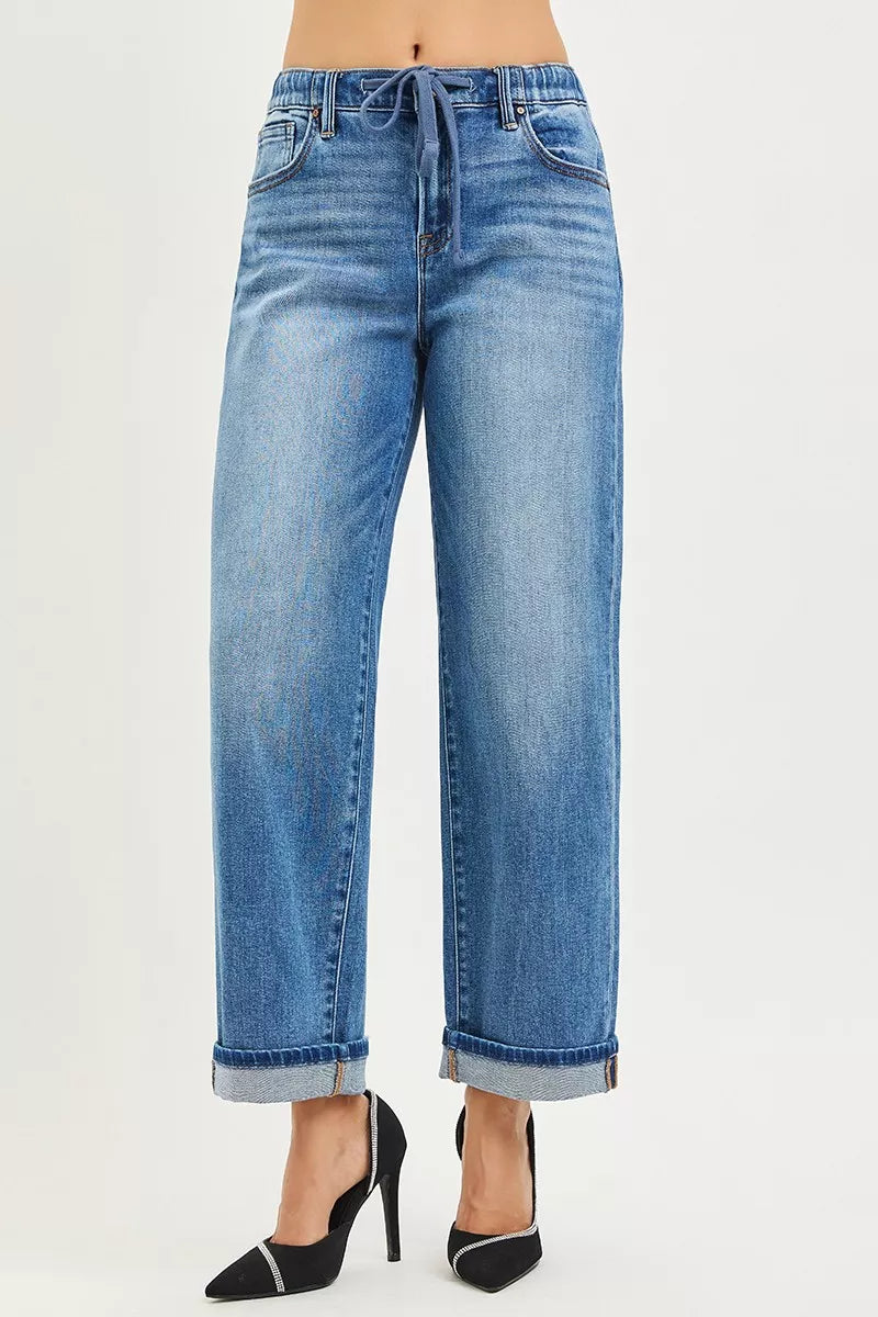 Elastic Band Slouch Ankle Boyfriend Cuffed Hem Blue Jeans