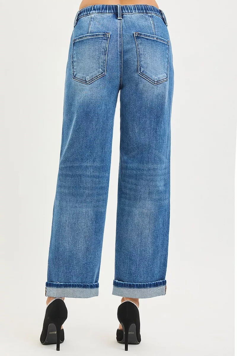 Elastic Band Slouch Ankle Boyfriend Cuffed Hem Blue Jeans