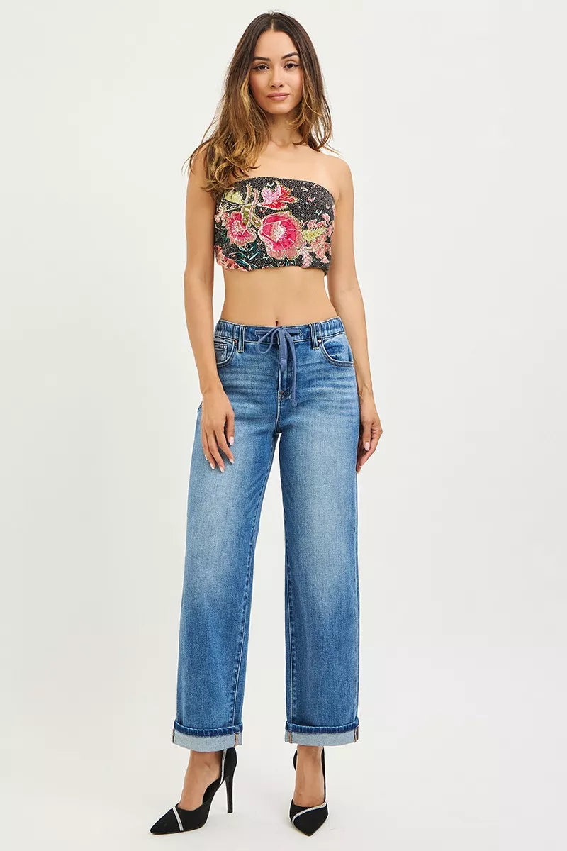 Elastic Band Slouch Ankle Boyfriend Cuffed Hem Blue Jeans