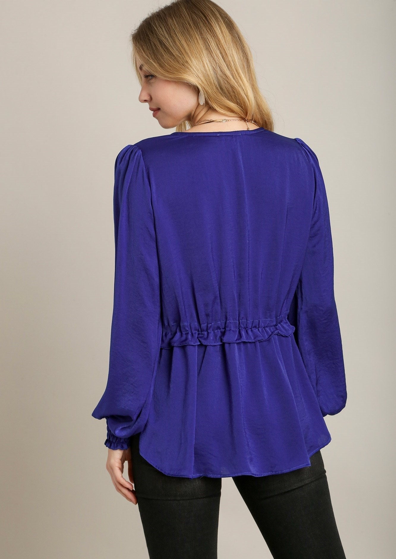 Blue Satin V-neck Ruffle Baby Doll Top With Cuffed Long Sleeve