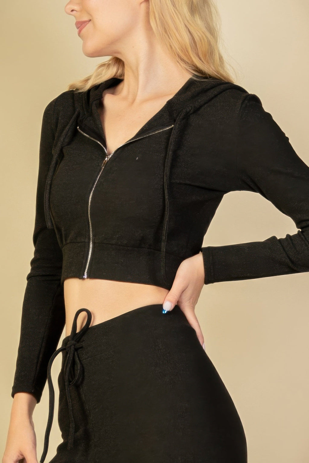 Juniors Ribbed Zip Up Cropped Hoodie