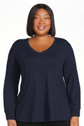 Plus Size 1XL Navy V-Neck Semi Fitted T-Shirt with Long Sleeves