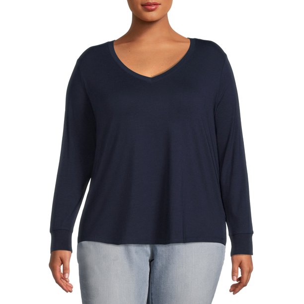 Plus Size 1XL Navy V-Neck Semi Fitted T-Shirt with Long Sleeves