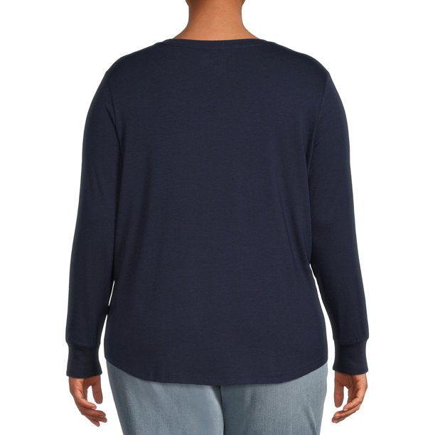 Plus Size 1XL Navy V-Neck Semi Fitted T-Shirt with Long Sleeves