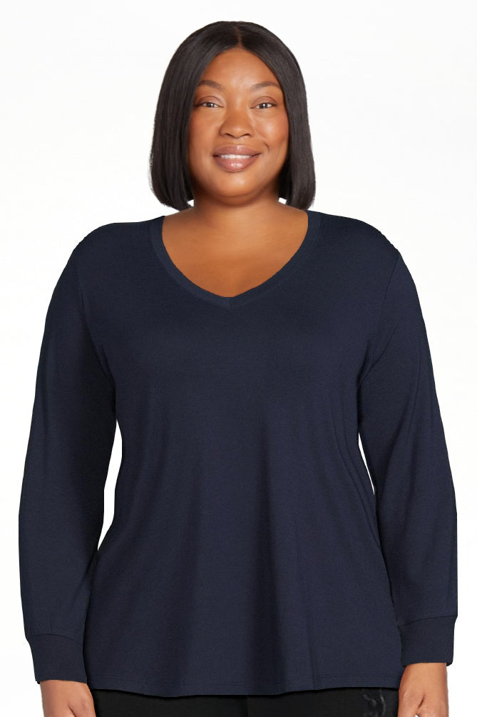 Plus Size 1XL Navy V-Neck Semi Fitted T-Shirt with Long Sleeves
