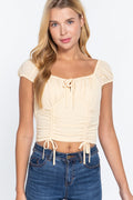 Short Sleeve Front Tie Ruched Detail Woven Top Yellow