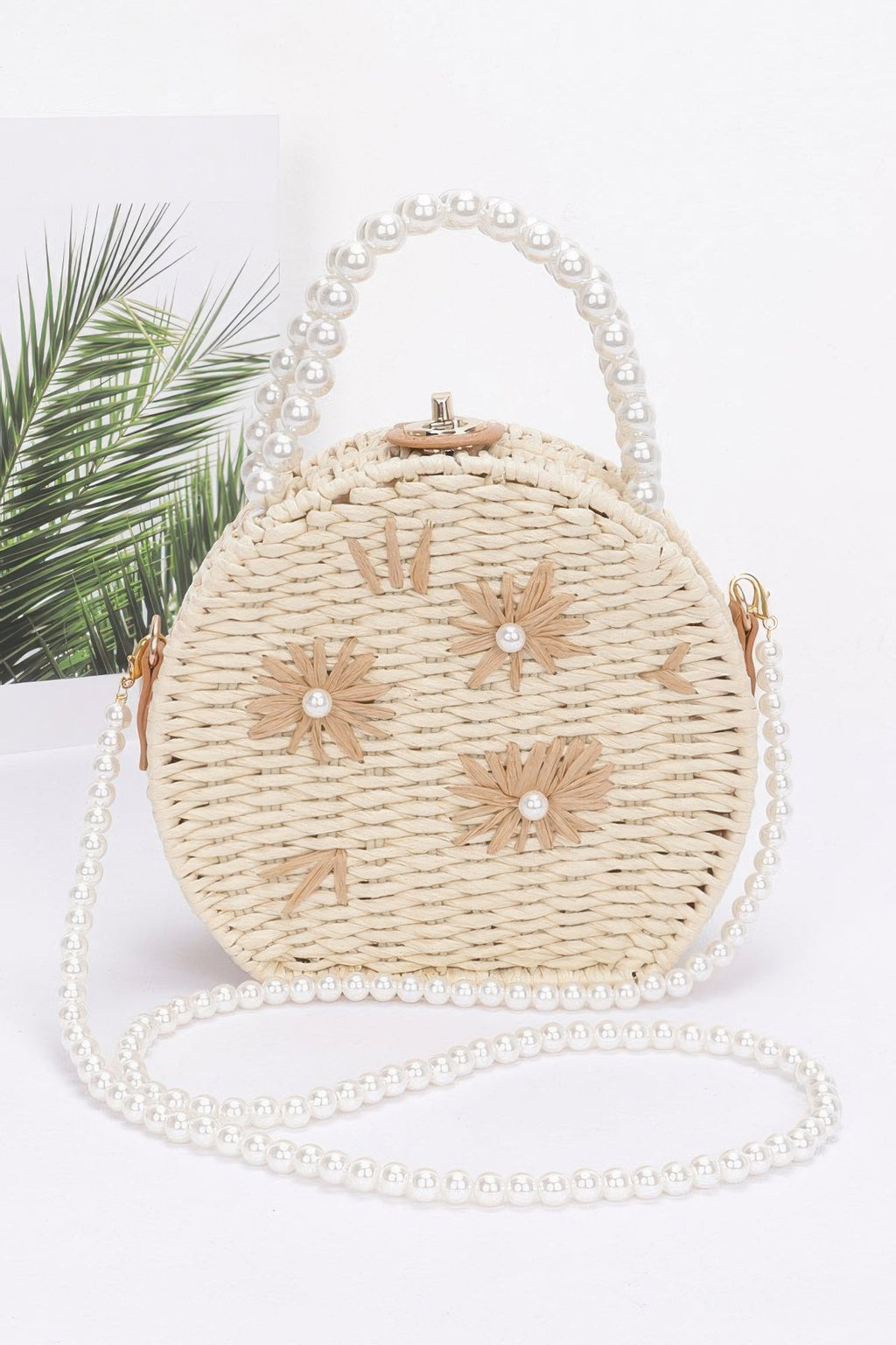 Faux Straw Handmade Clutch W/pearl Handle